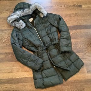 LOFT Hooded Fur Lined Puffer Coat w/Belt in “Khaki” (Green) - Size Small
